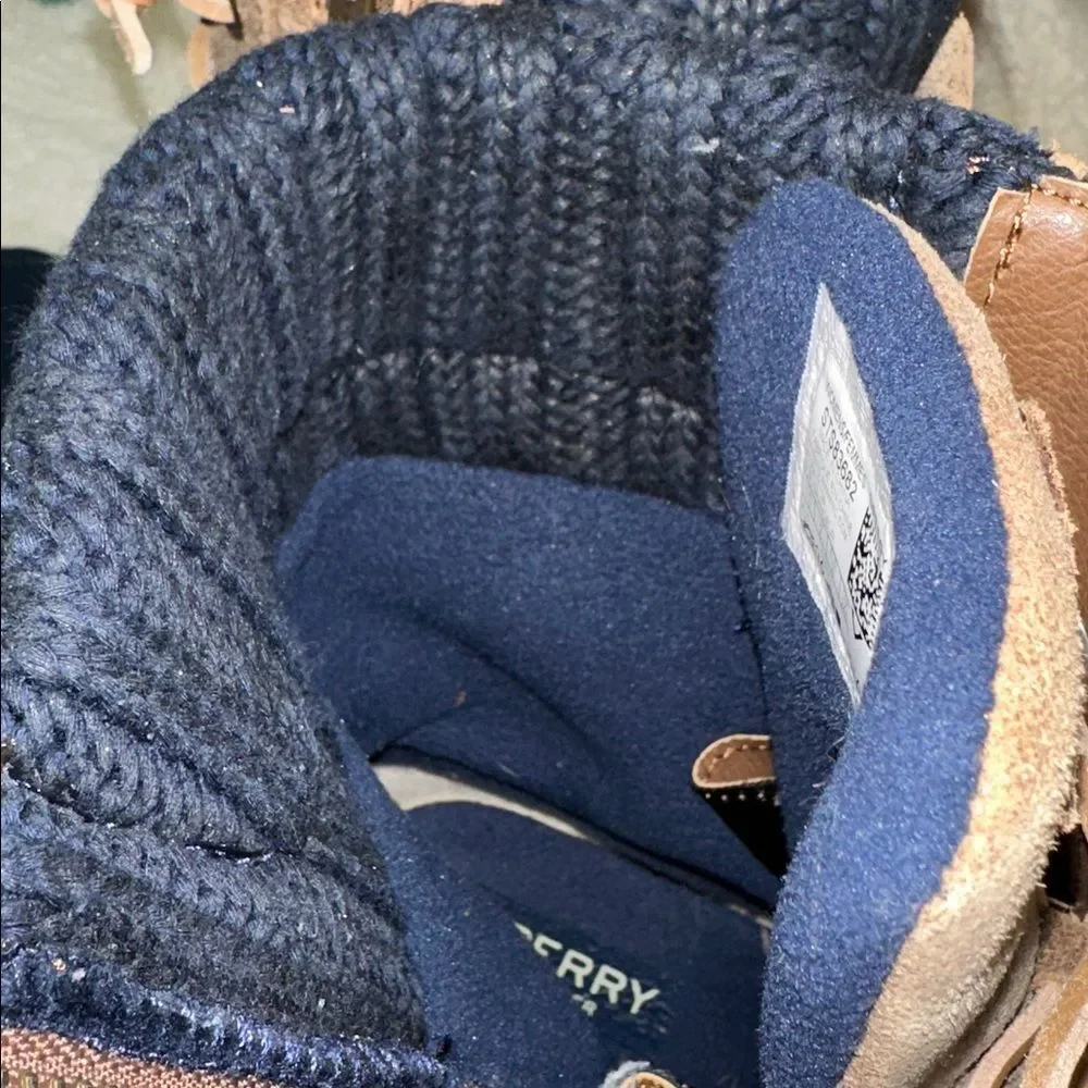 SPERRY 7.5 Top Sider Syren Misty Tan Navy Lace Leather Saltwater Duck Boots